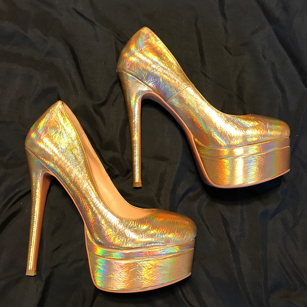 Only Maker Gold holographic platform stiletto heels size 10